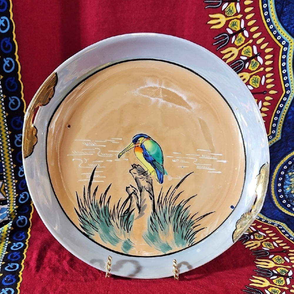 Vintage Japanese Lusterware Kingfisher Plate – Hand-Painted Decorative Ceramic